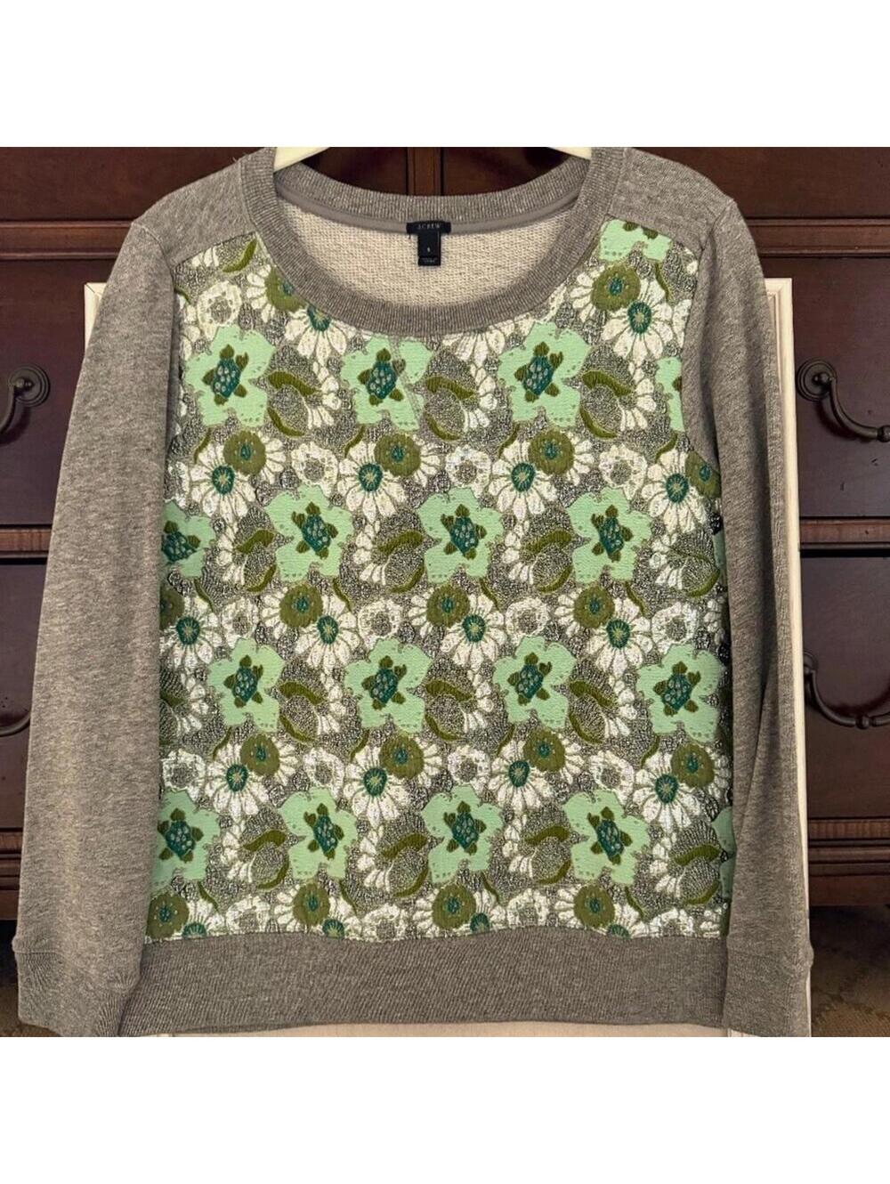 J. Crew green and white brocade floral long sleeve crew neck sweatshirt - S NWT